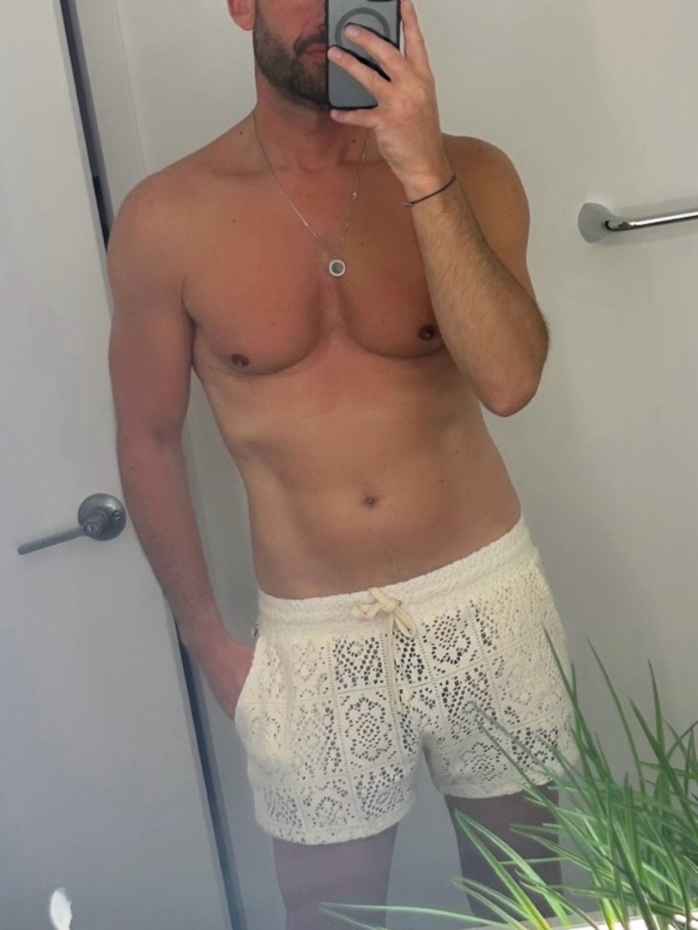 Andrew Christian | Sheer 4" Mykonos Beach Shorts in Ivory Lace (Medium) - Picture 15 of 16